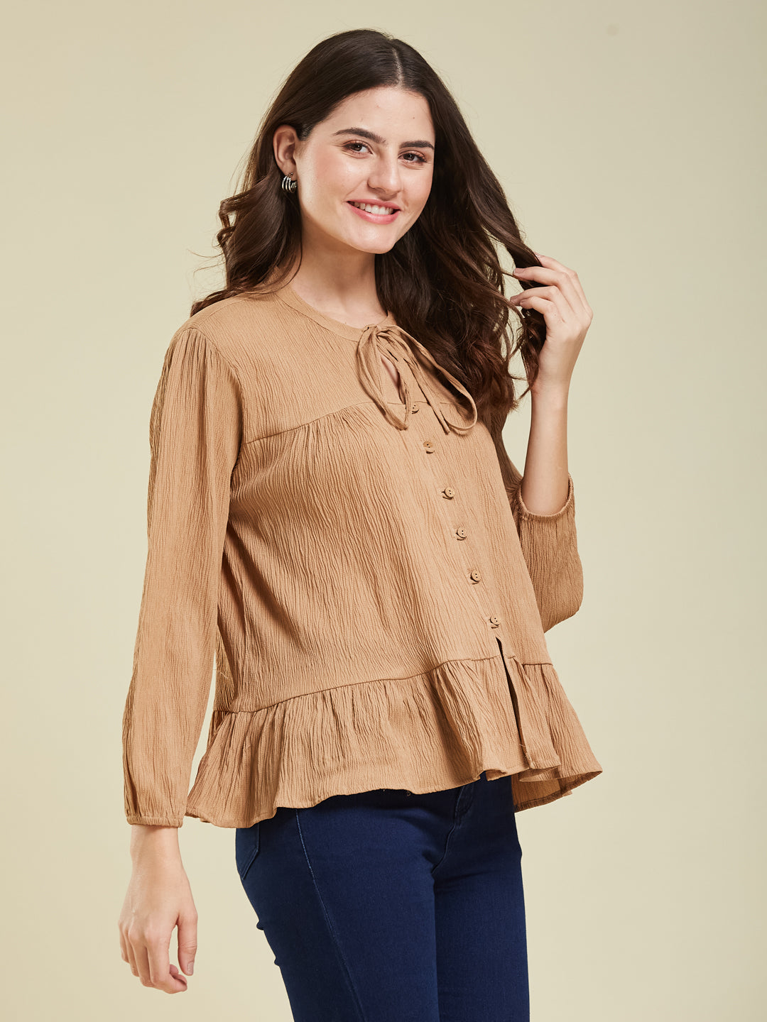 Brown Crinkled Peplum Top with Tie-Up Neck