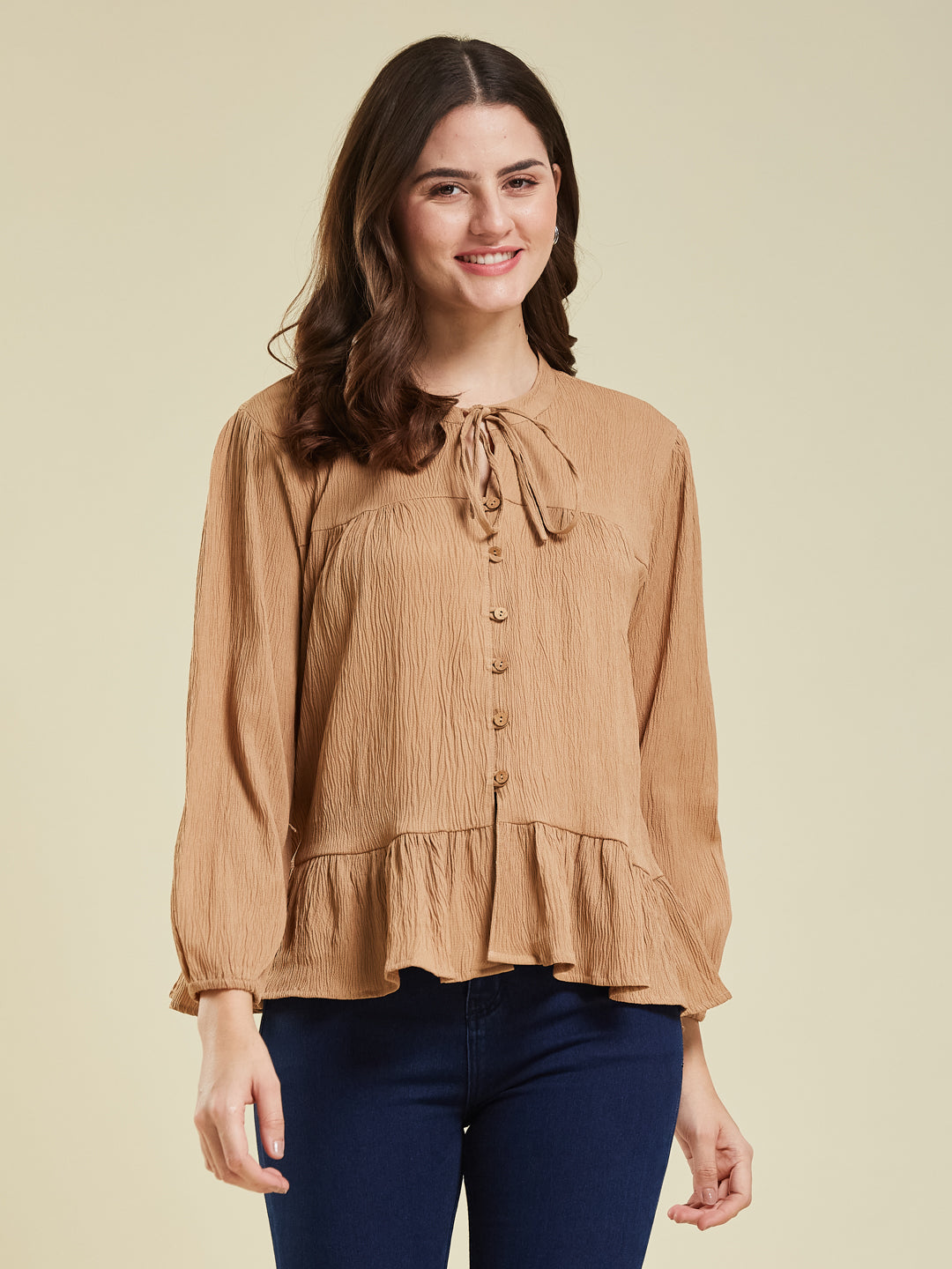 Brown Crinkled Peplum Top with Tie-Up Neck