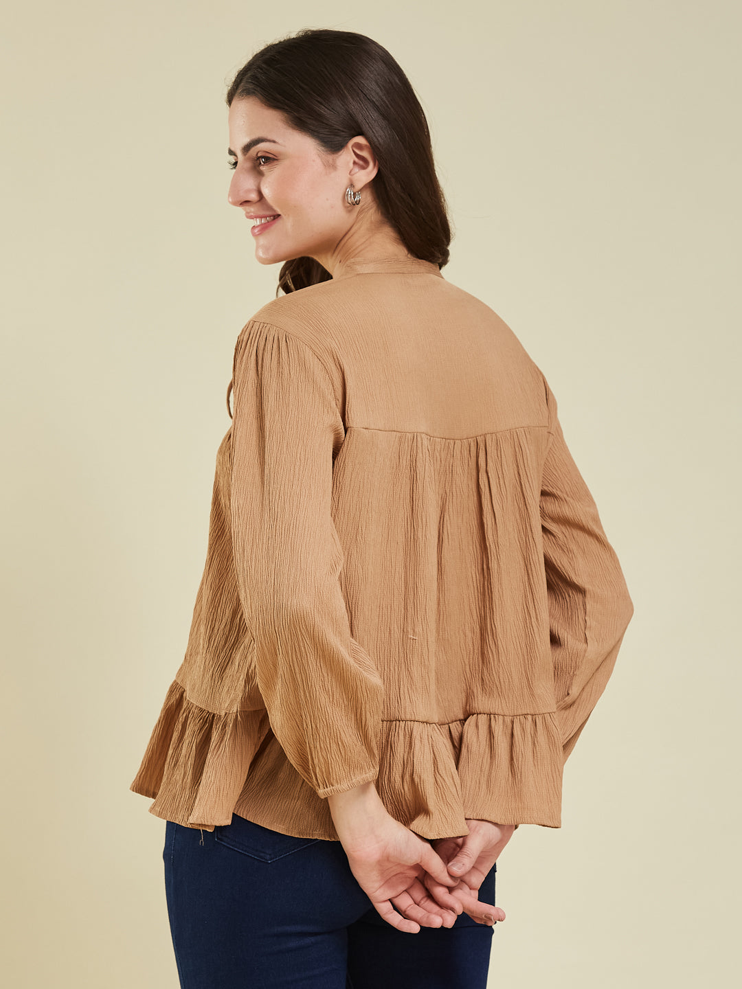 Brown Crinkled Peplum Top with Tie-Up Neck
