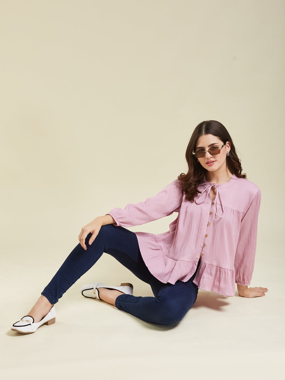 Lavender Crinkled Peplum Top with Tie-Up Neck
