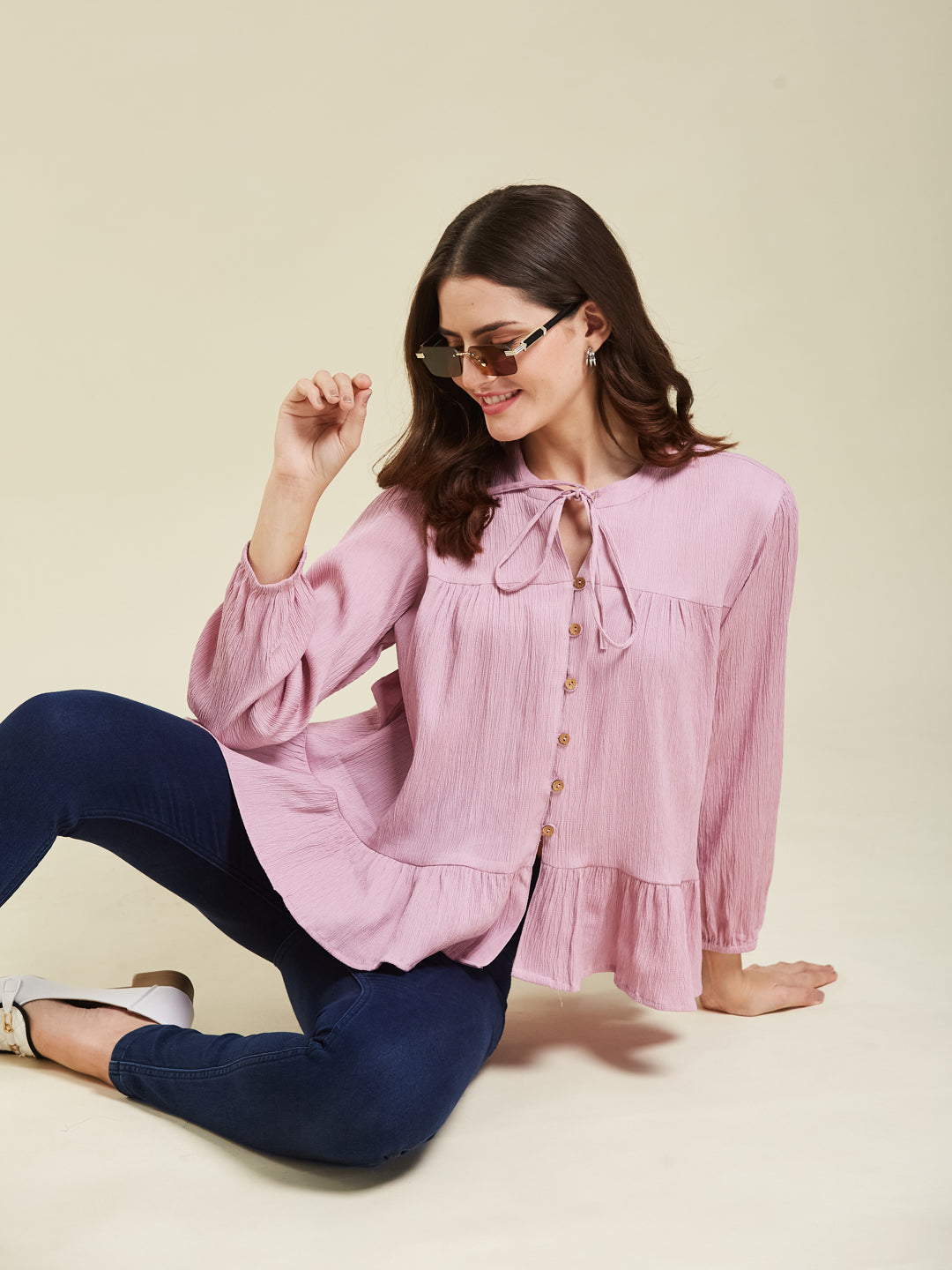 Lavender Crinkled Peplum Top with Tie-Up Neck