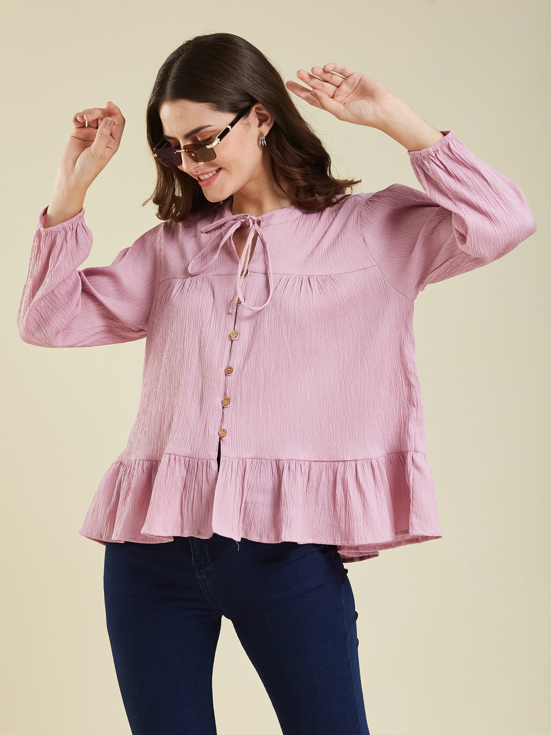 Lavender Crinkled Peplum Top with Tie-Up Neck