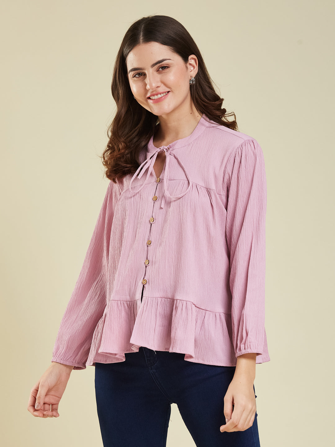Lavender Crinkled Peplum Top with Tie-Up Neck