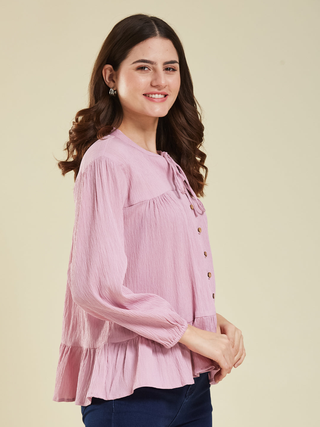 Lavender Crinkled Peplum Top with Tie-Up Neck