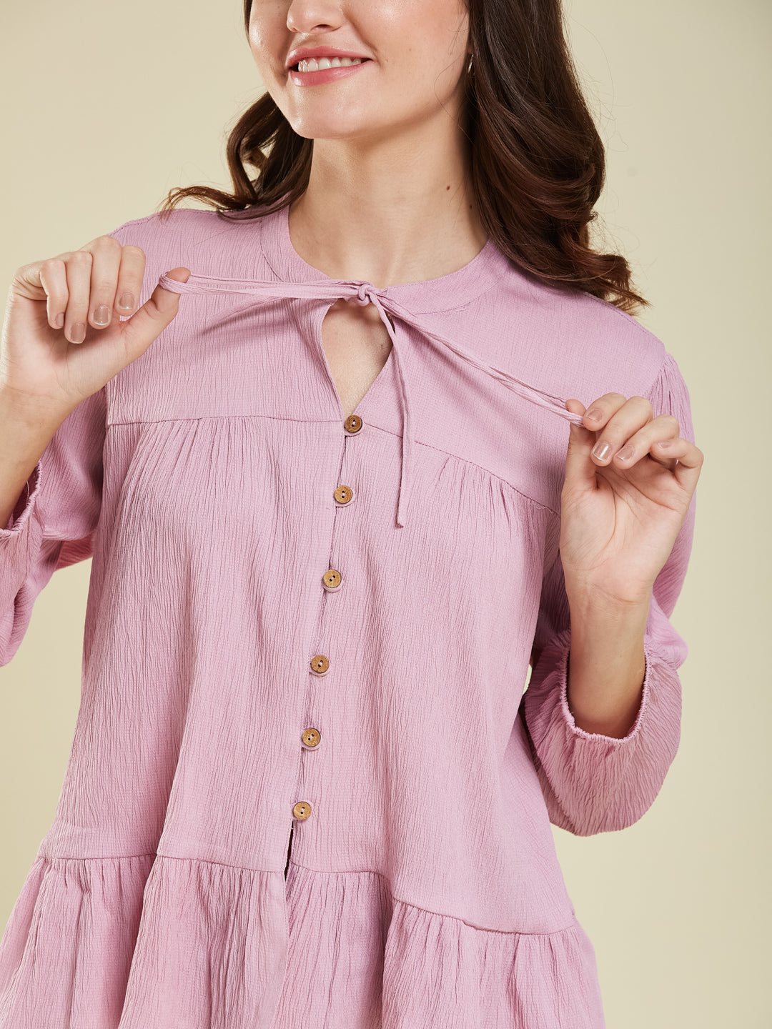Lavender Crinkled Peplum Top with Tie-Up Neck