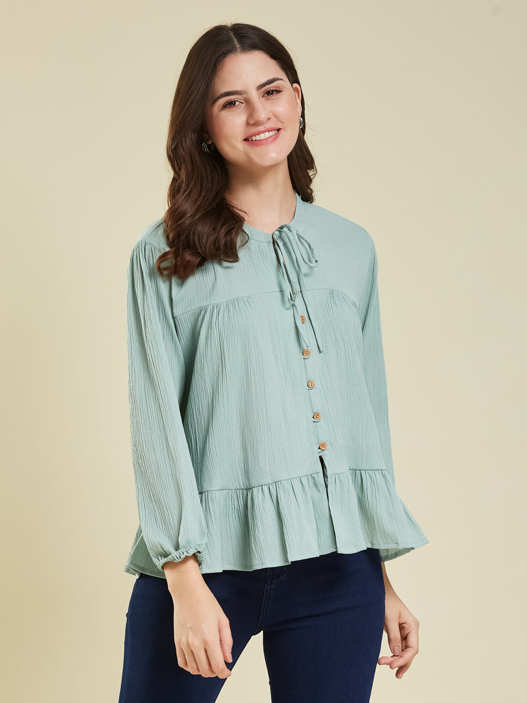 Aqua blue Crinkled Peplum Top with Tie-Up Neck