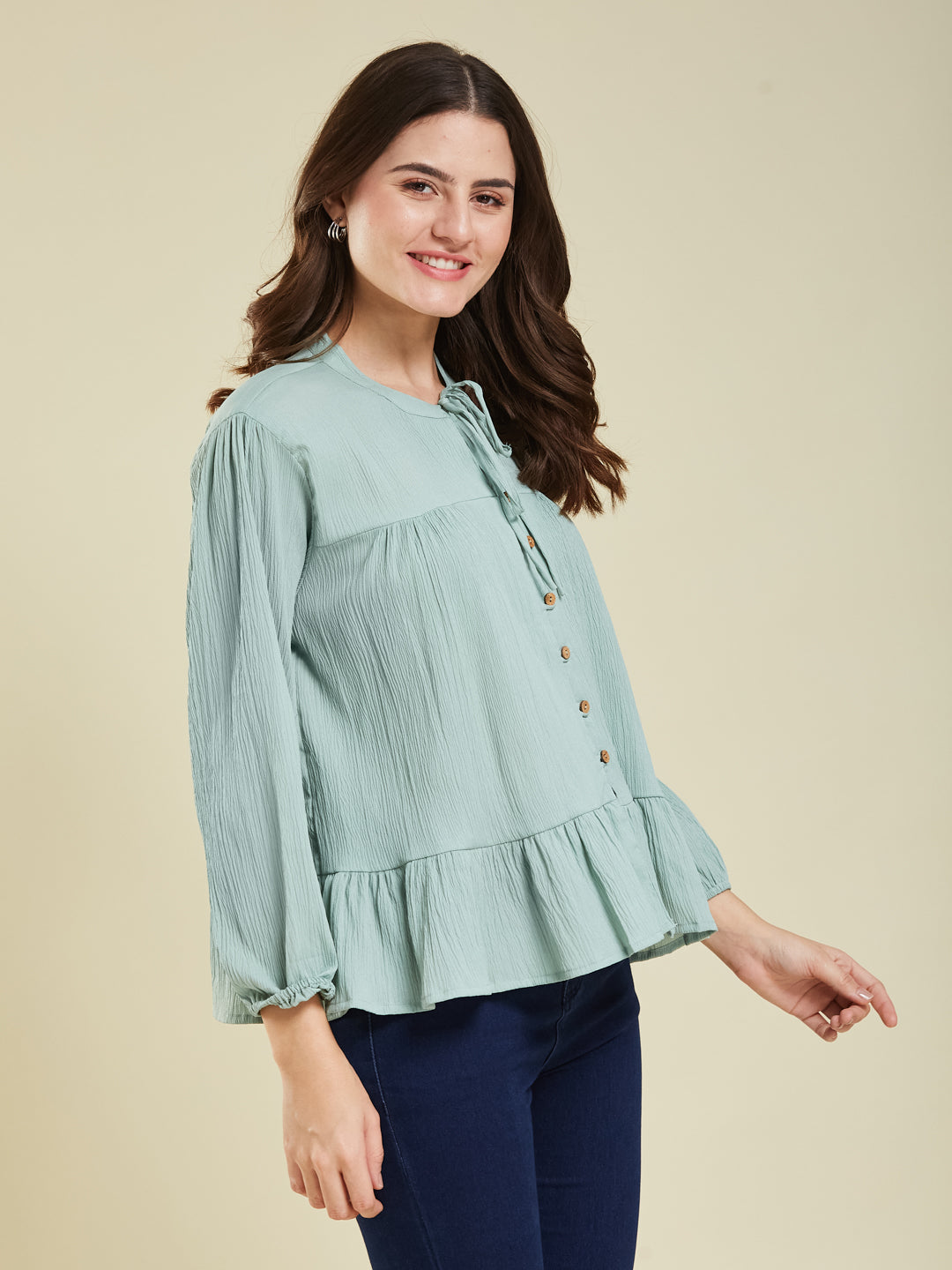 Aqua blue Crinkled Peplum Top with Tie-Up Neck