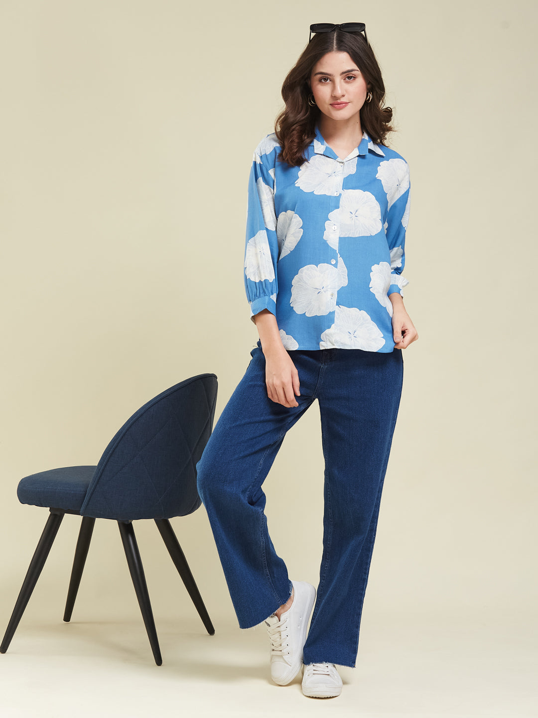 Denim Blue Rayon Print Regular Full Sleeve Shirt