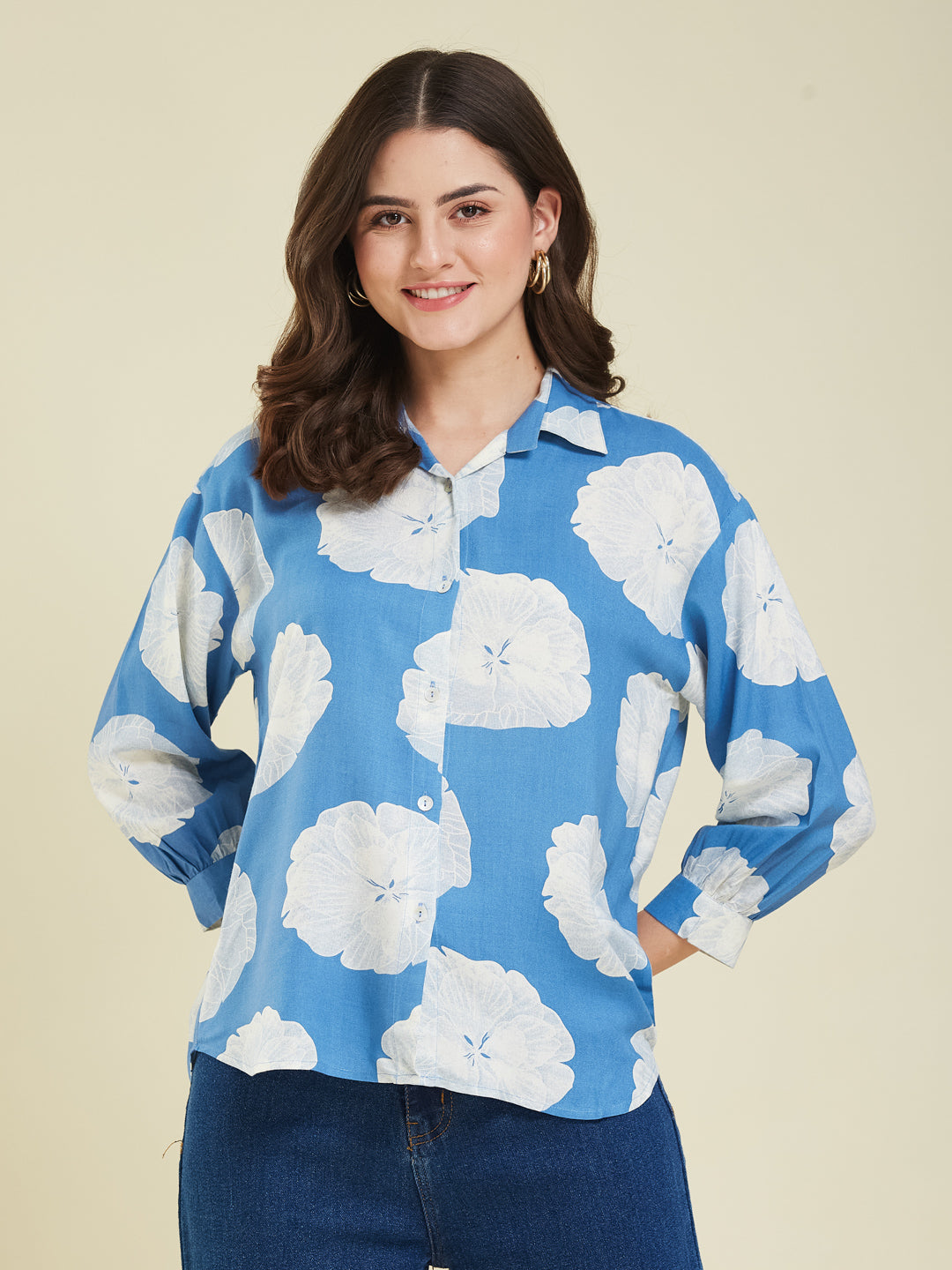 Denim Blue Rayon Print Regular Full Sleeve Shirt