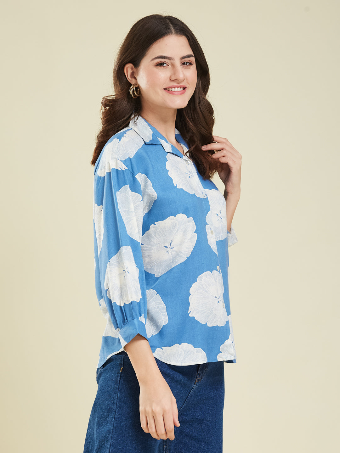 Denim Blue Rayon Print Regular Full Sleeve Shirt