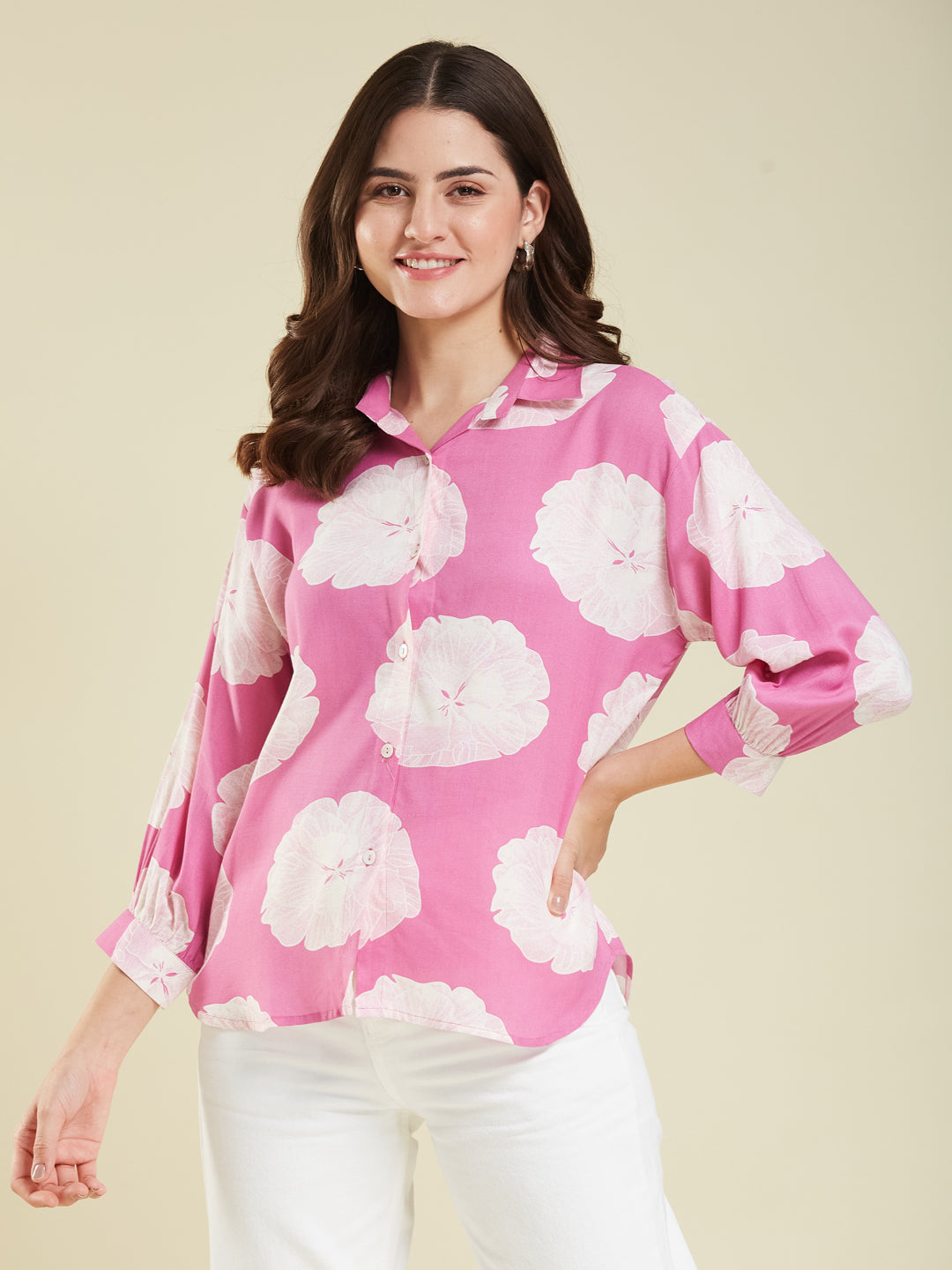 Pink Rayon Print Regular Full Sleeve Shirt