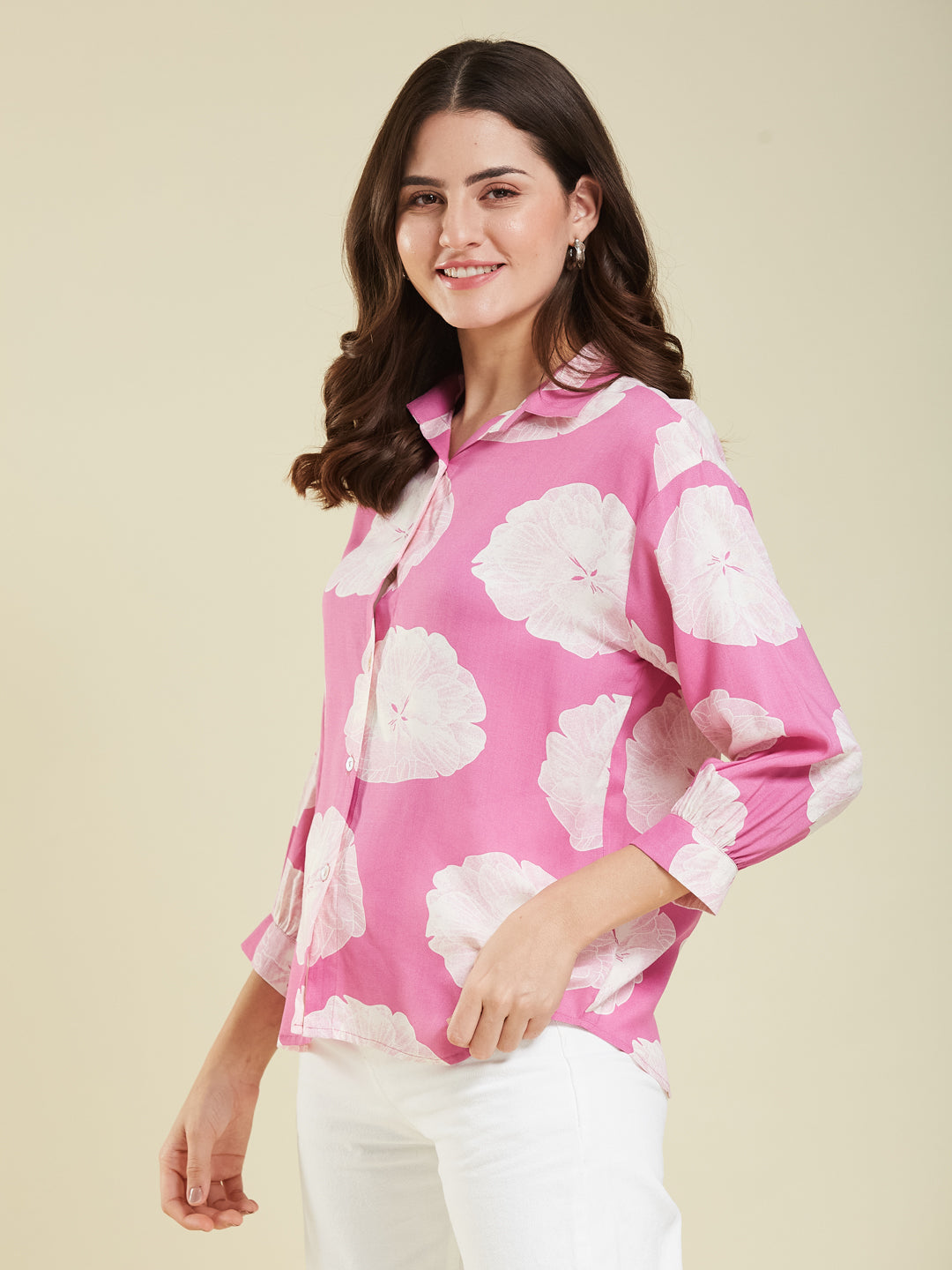Pink Rayon Print Regular Full Sleeve Shirt