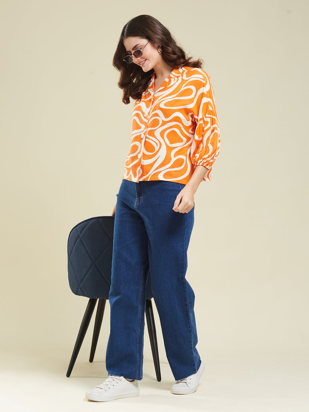 Women's Orange Rayon Printed Regular Shirt