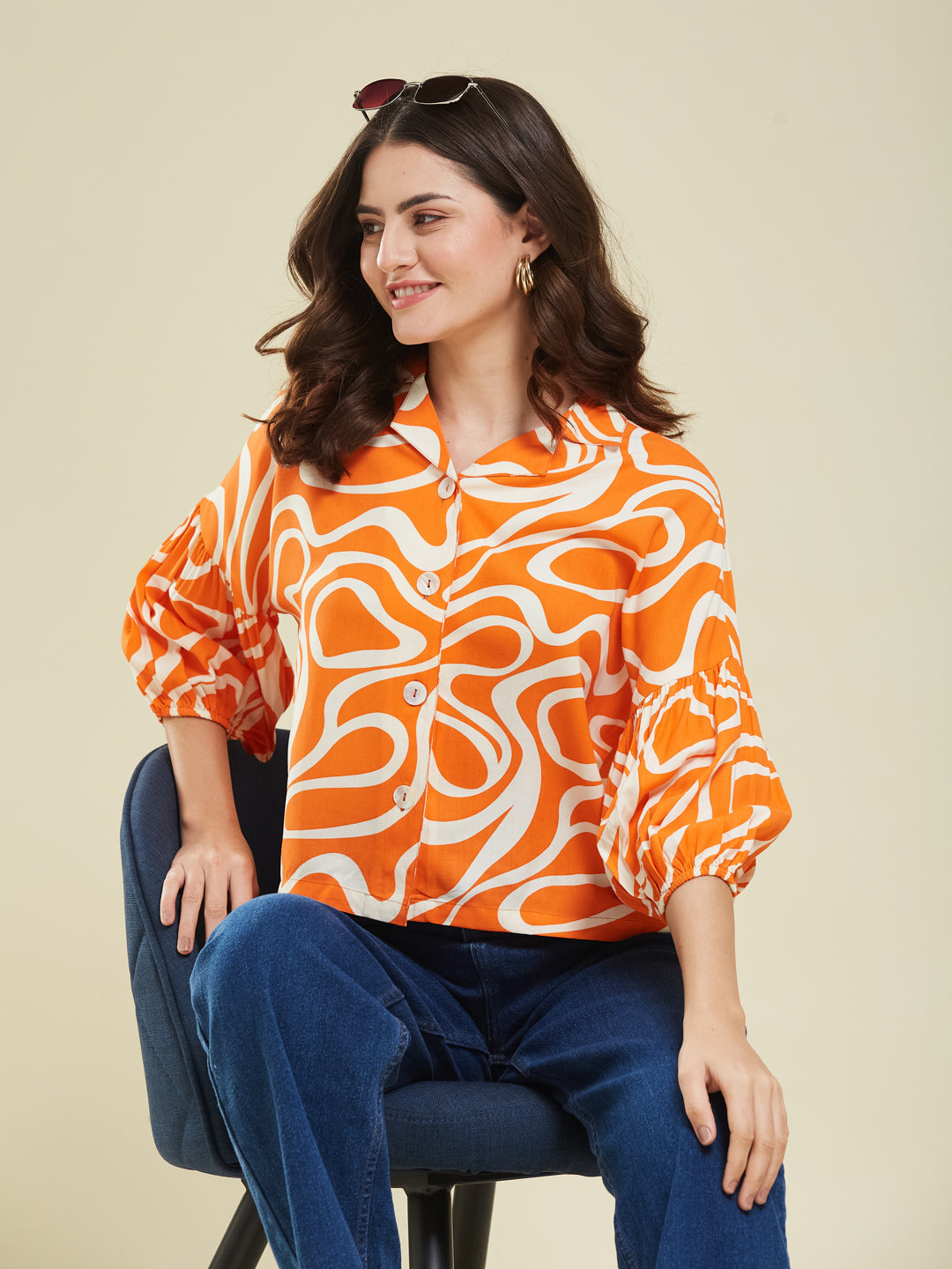 Women's Orange Rayon Printed Regular Shirt