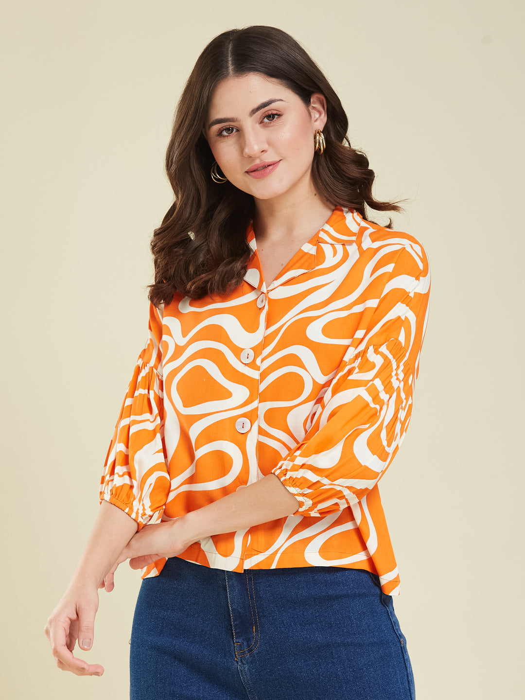 Women's Orange Rayon Printed Regular Shirt
