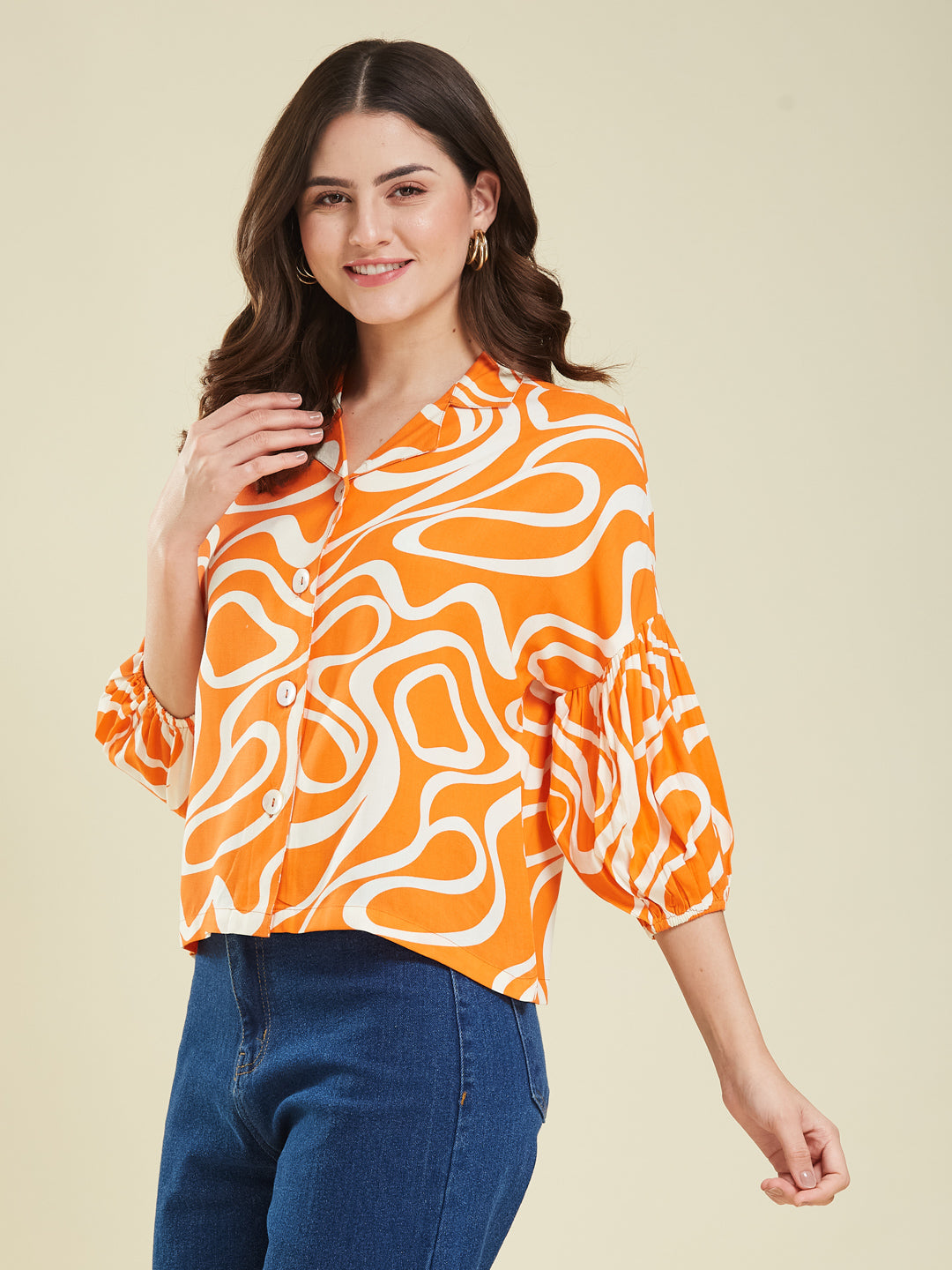 Women's Orange Rayon Printed Regular Shirt
