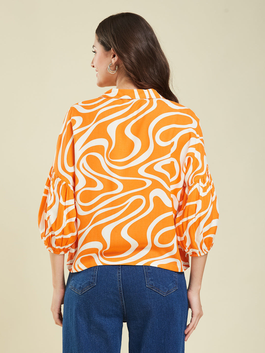 Women's Orange Rayon Printed Regular Shirt