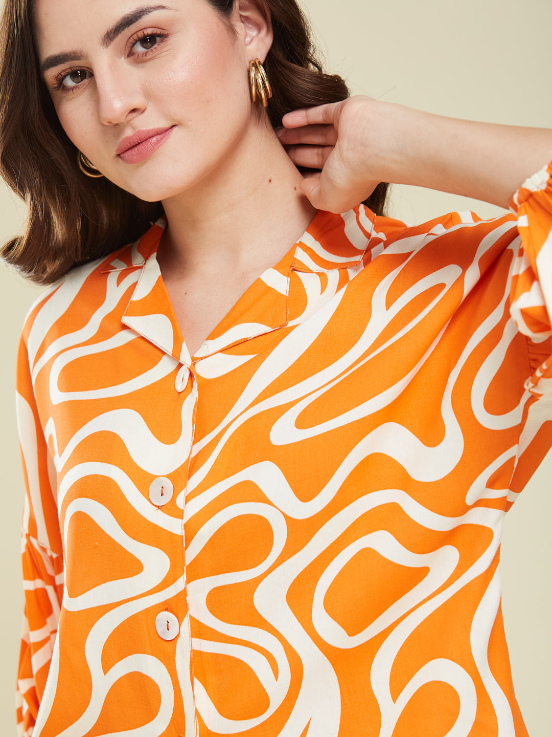 Women's Orange Rayon Printed Regular Shirt