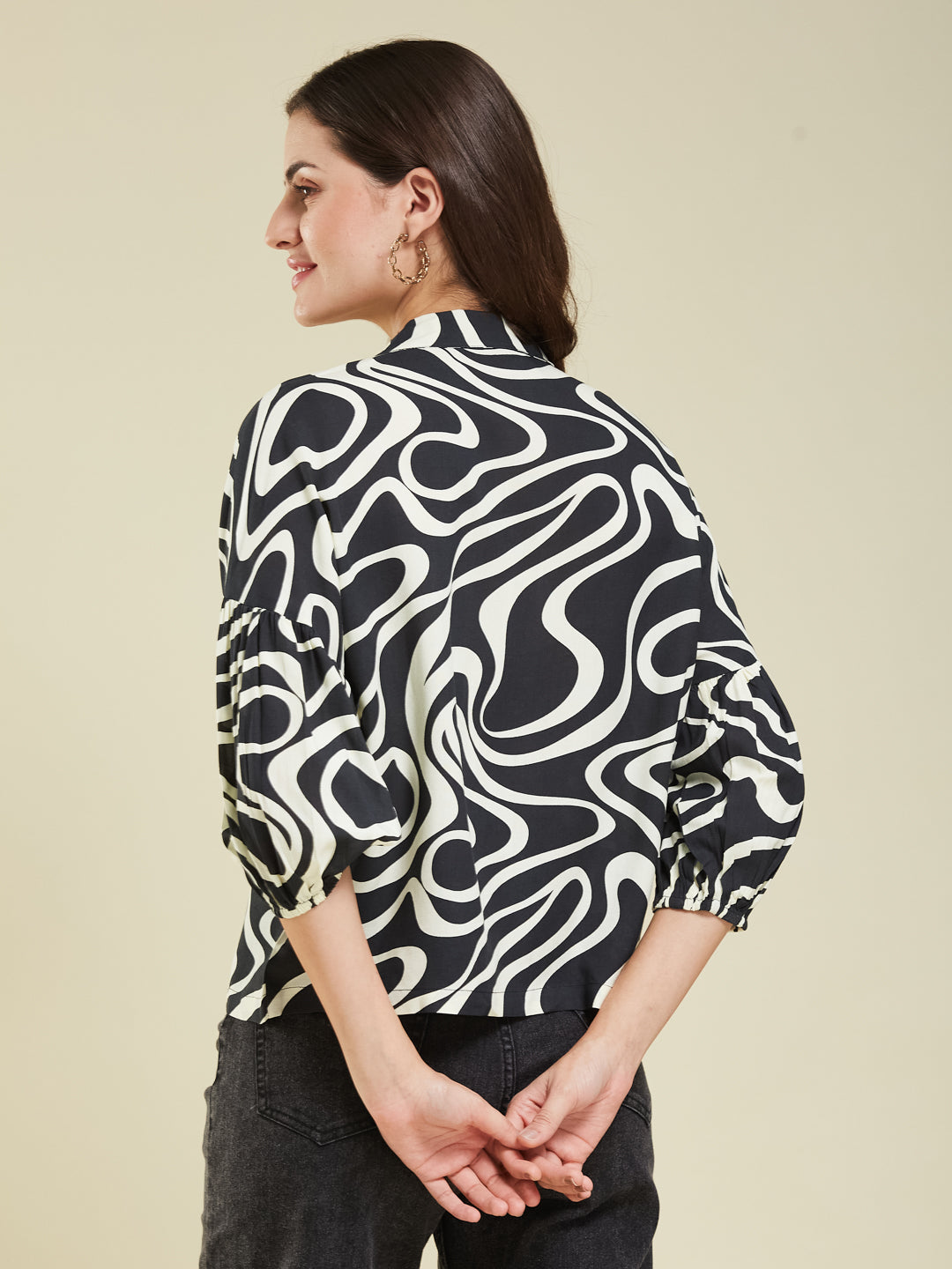 Women's Black Rayon Printed Regular Shirt
