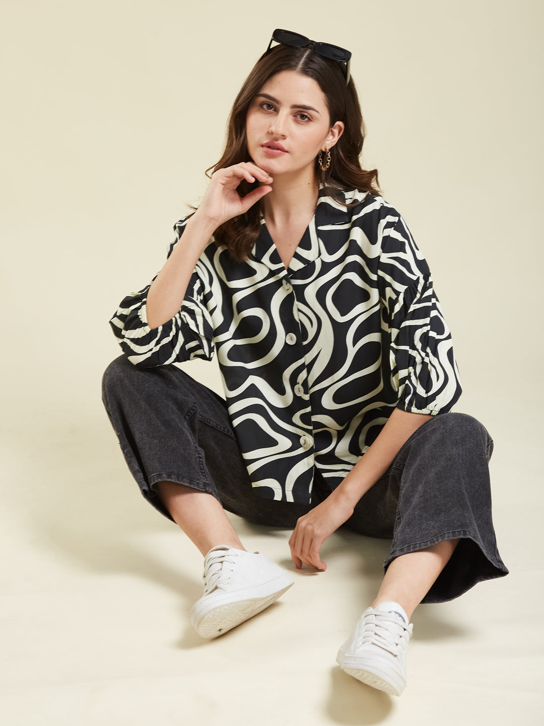Women's Black Rayon Printed Regular Shirt