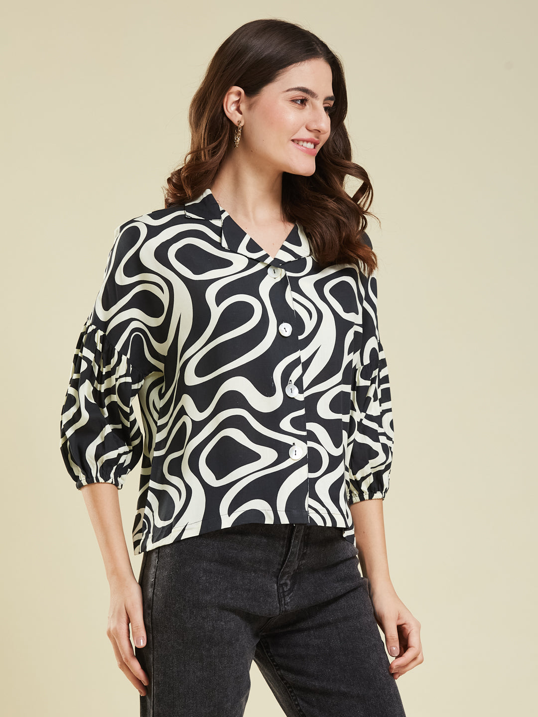 Women's Black Rayon Printed Regular Shirt