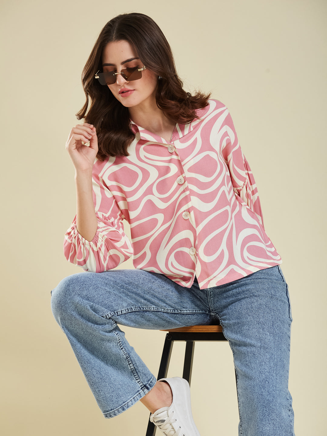 Women's Pink Rayon Printed Regular Shirt