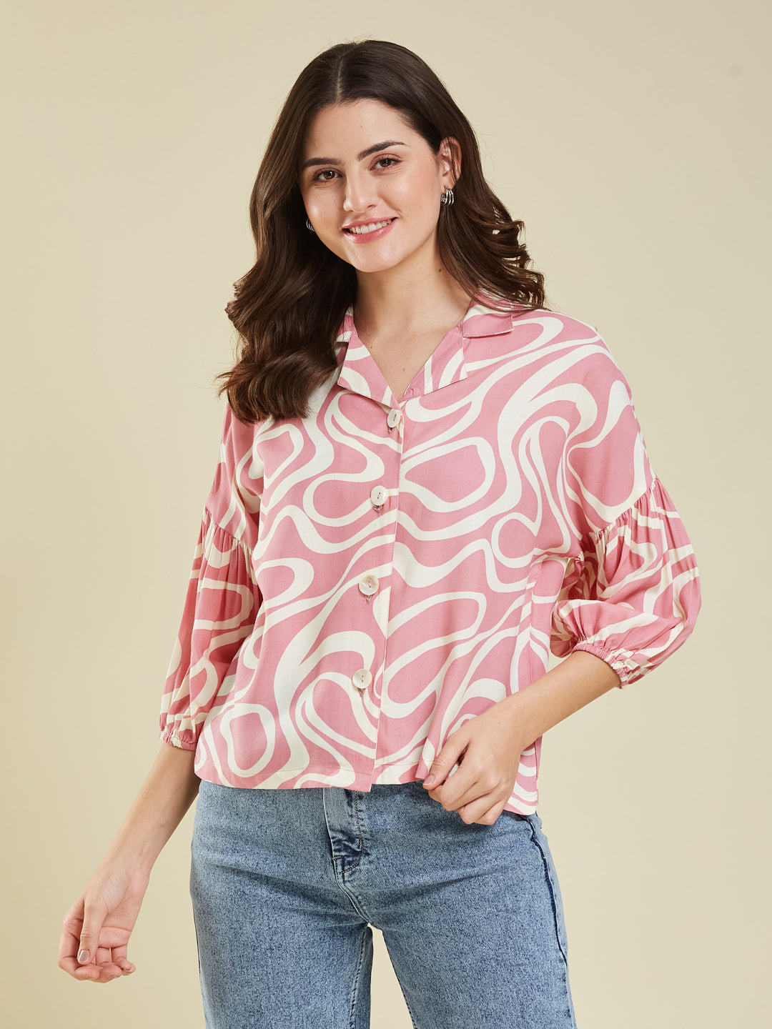 Women's Pink Rayon Printed Regular Shirt
