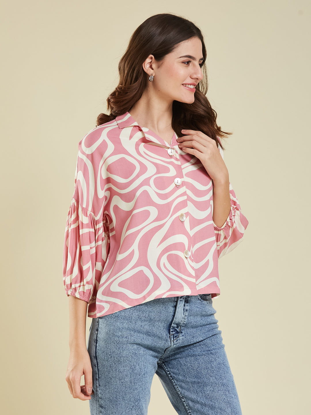 Women's Pink Rayon Printed Regular Shirt