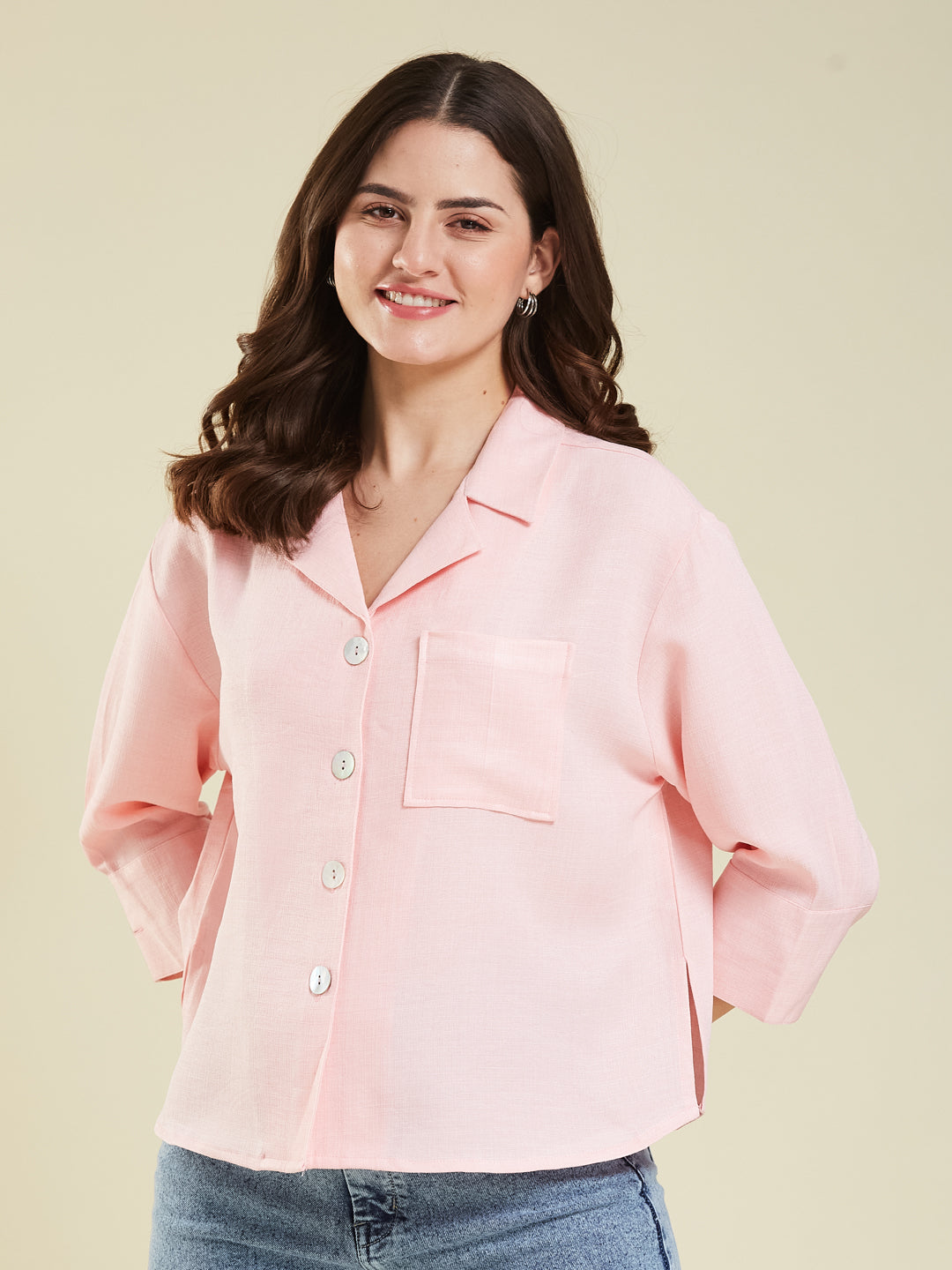 Women Pink Cotton Blend Plain Regular 3/4 Sleeve Shirt