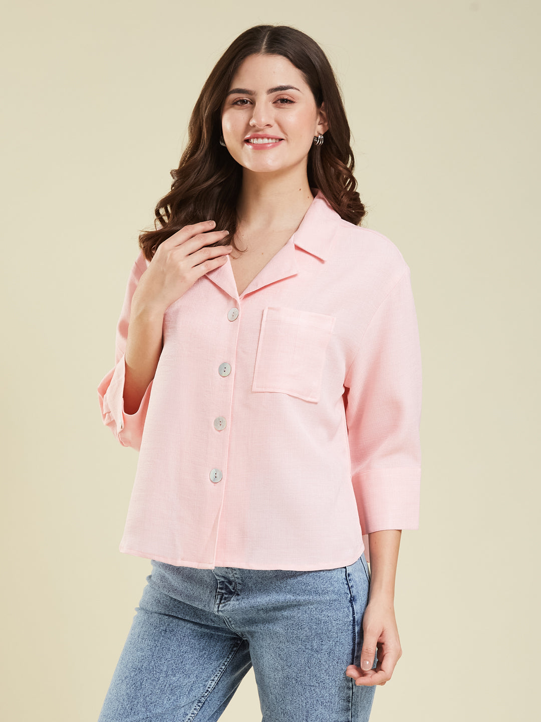 Women Pink Cotton Blend Plain Regular 3/4 Sleeve Shirt