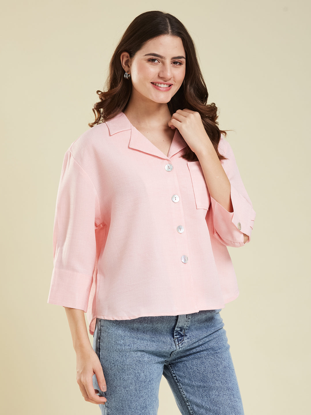 Women Pink Cotton Blend Plain Regular 3/4 Sleeve Shirt