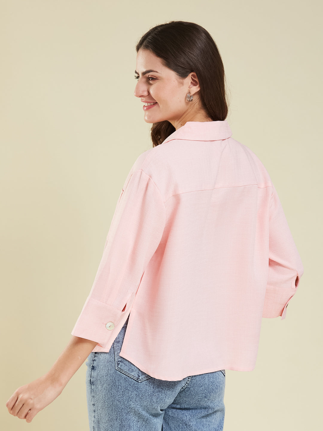 Women Pink Cotton Blend Plain Regular 3/4 Sleeve Shirt