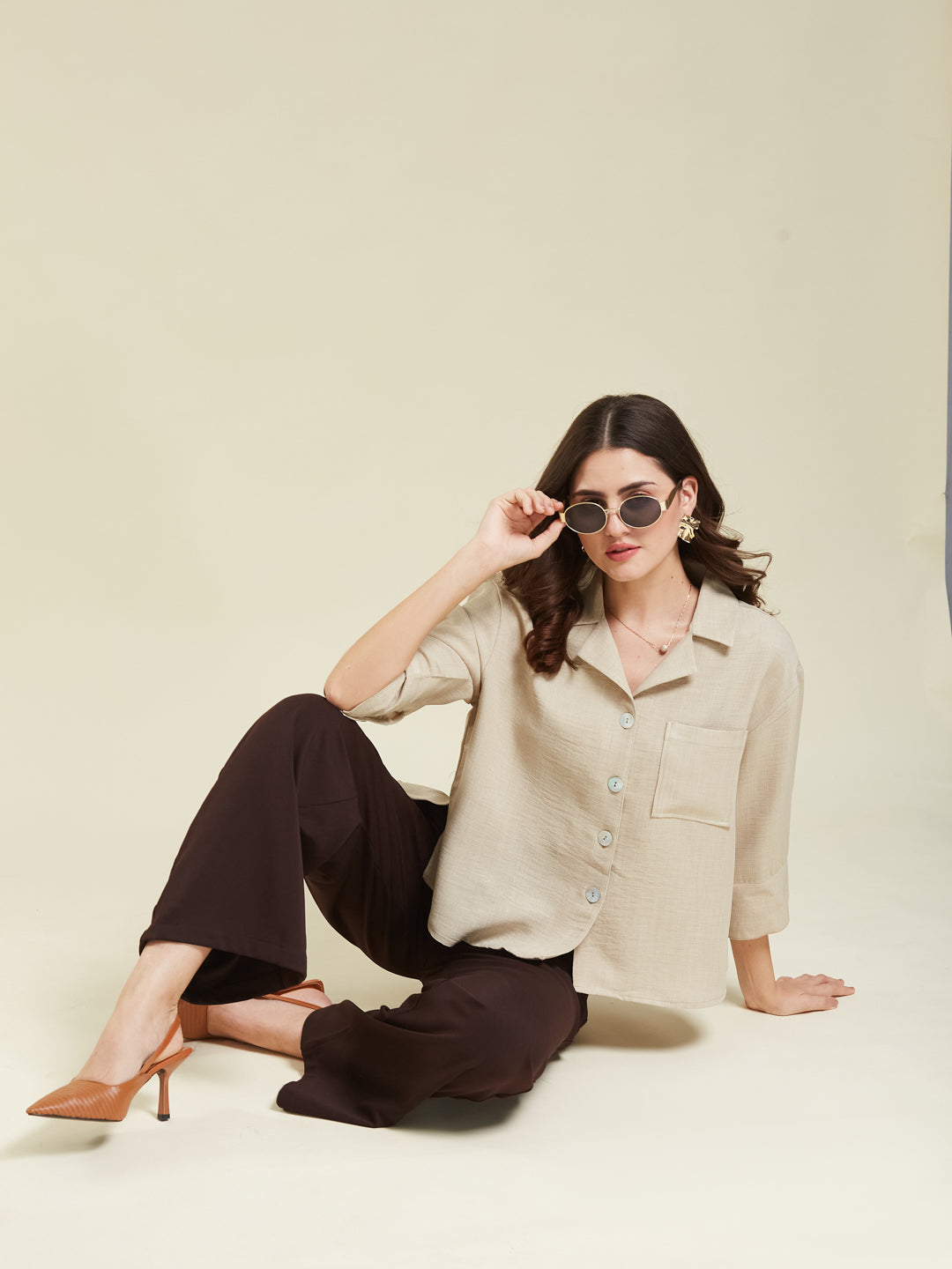 Women Cream Cotton Blend Plain Regular 3/4 Sleeve Shirt
