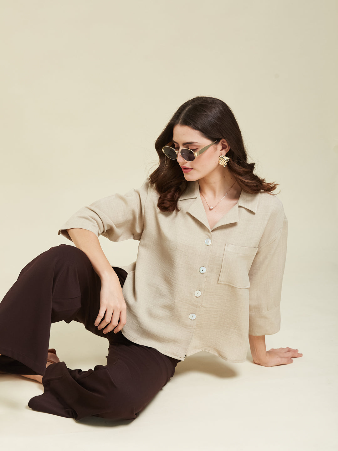Women Cream Cotton Blend Plain Regular 3/4 Sleeve Shirt