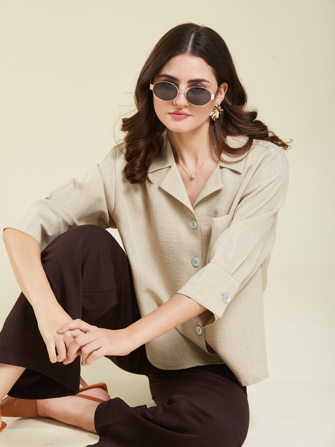 Women Cream Cotton Blend Plain Regular 3/4 Sleeve Shirt