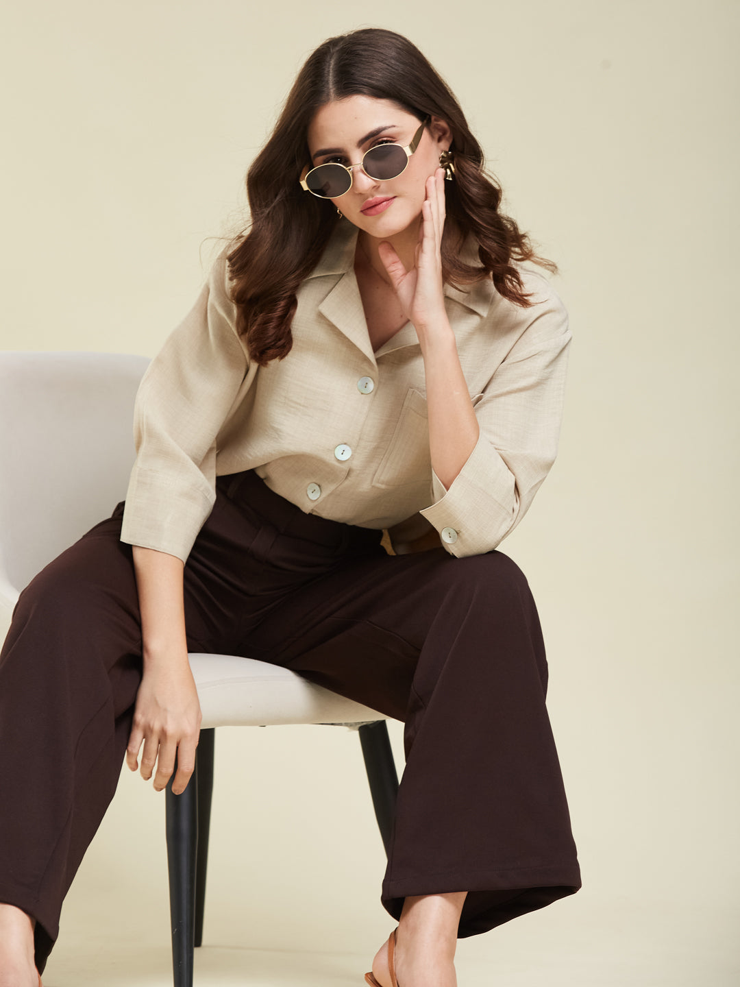 Women Cream Cotton Blend Plain Regular 3/4 Sleeve Shirt