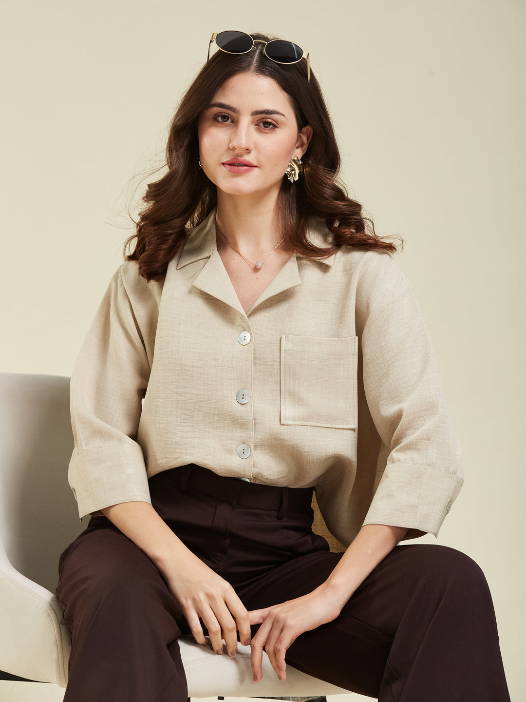 Women Cream Cotton Blend Plain Regular 3/4 Sleeve Shirt