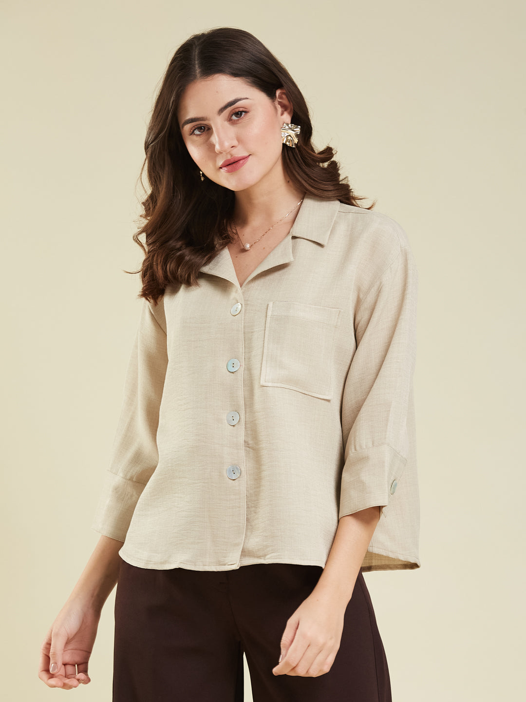 Women Cream Cotton Blend Plain Regular 3/4 Sleeve Shirt