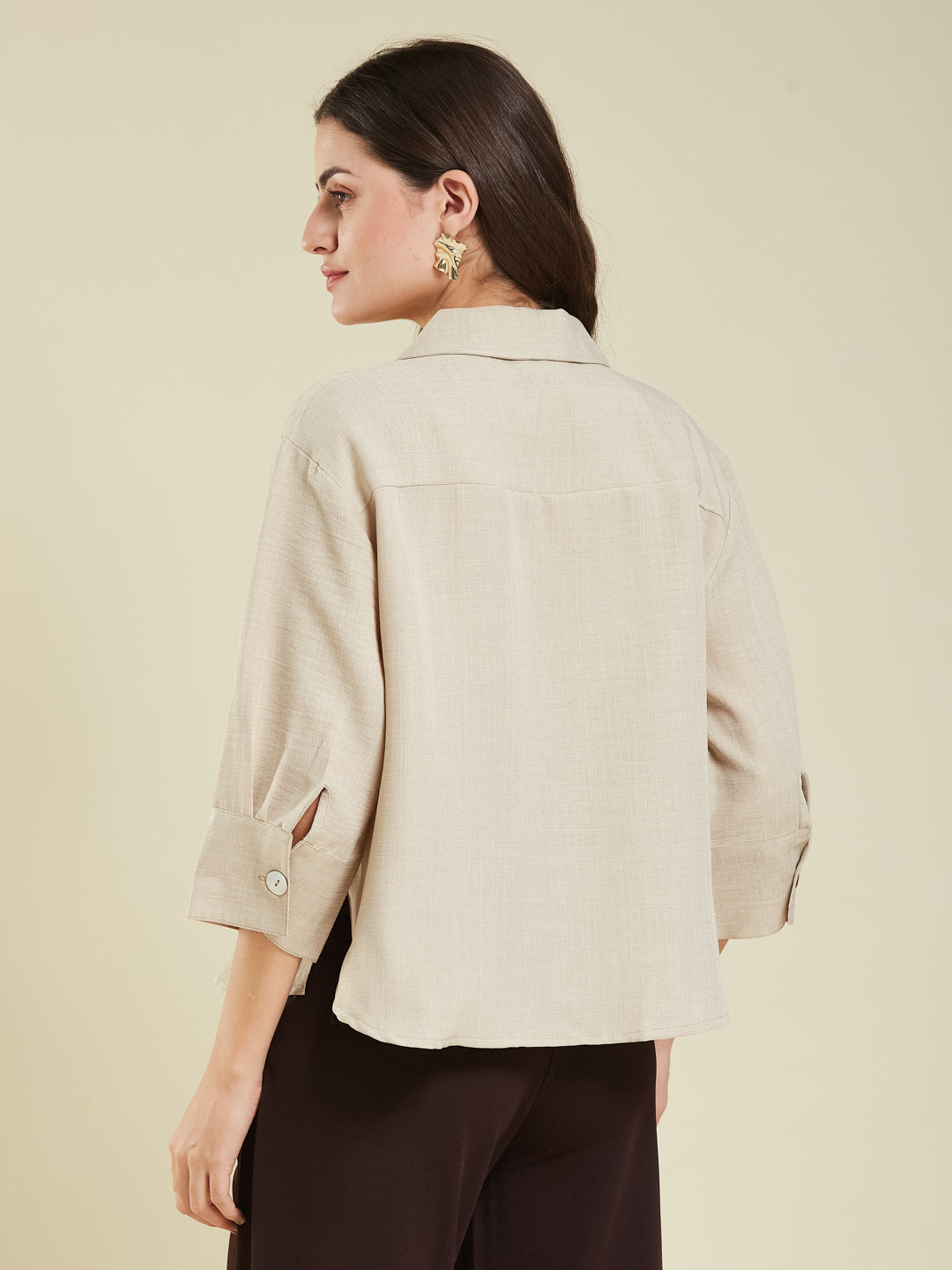 Women Cream Cotton Blend Plain Regular 3/4 Sleeve Shirt