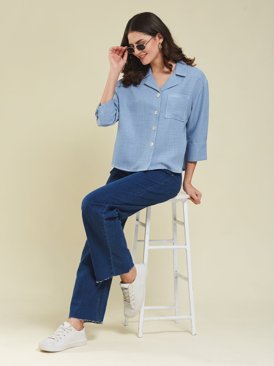 Women Denim Blue Cotton Blend Plain Regular 3/4 Sleeve Shirt