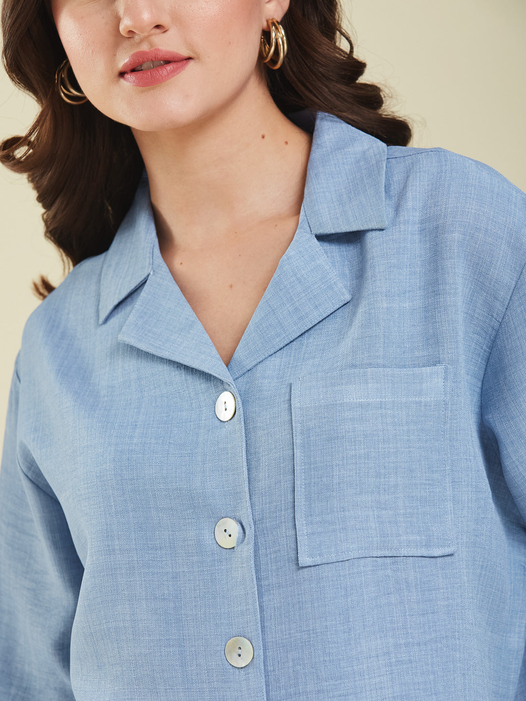 Women Denim Blue Cotton Blend Plain Regular 3/4 Sleeve Shirt