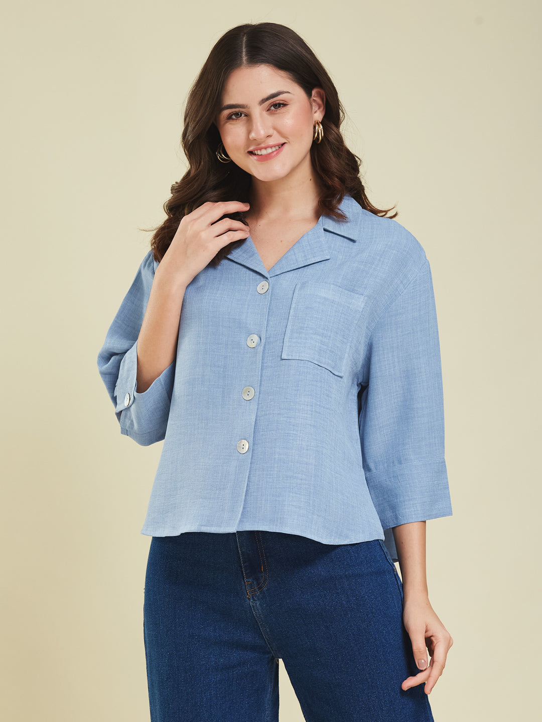 Women Denim Blue Cotton Blend Plain Regular 3/4 Sleeve Shirt