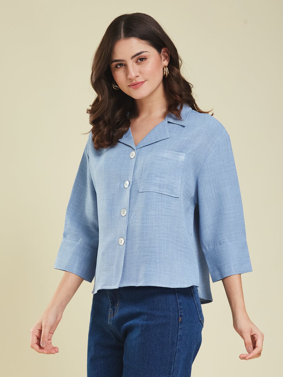 Women Denim Blue Cotton Blend Plain Regular 3/4 Sleeve Shirt