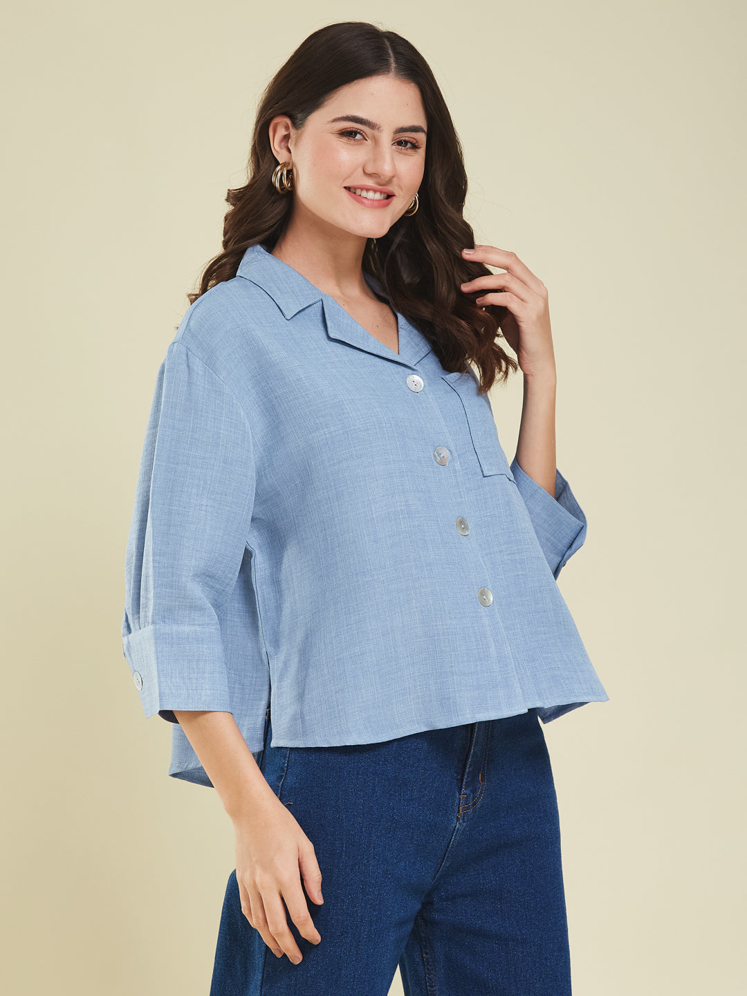 Women Denim Blue Cotton Blend Plain Regular 3/4 Sleeve Shirt