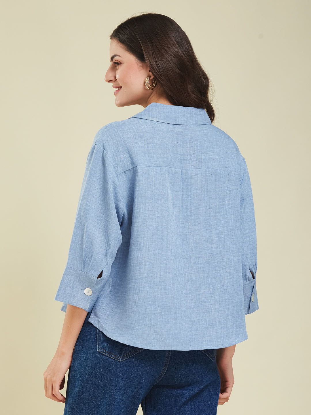 Women Denim Blue Cotton Blend Plain Regular 3/4 Sleeve Shirt