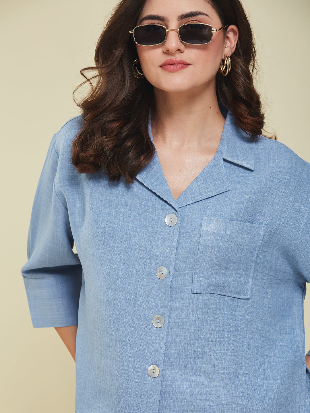 Women Denim Blue Cotton Blend Plain Regular 3/4 Sleeve Shirt