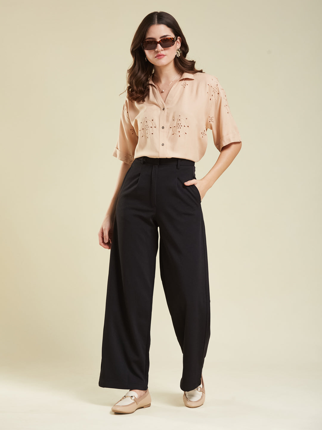 Beige Casual Printed Shirt in Cotton Blend Fabric for Women