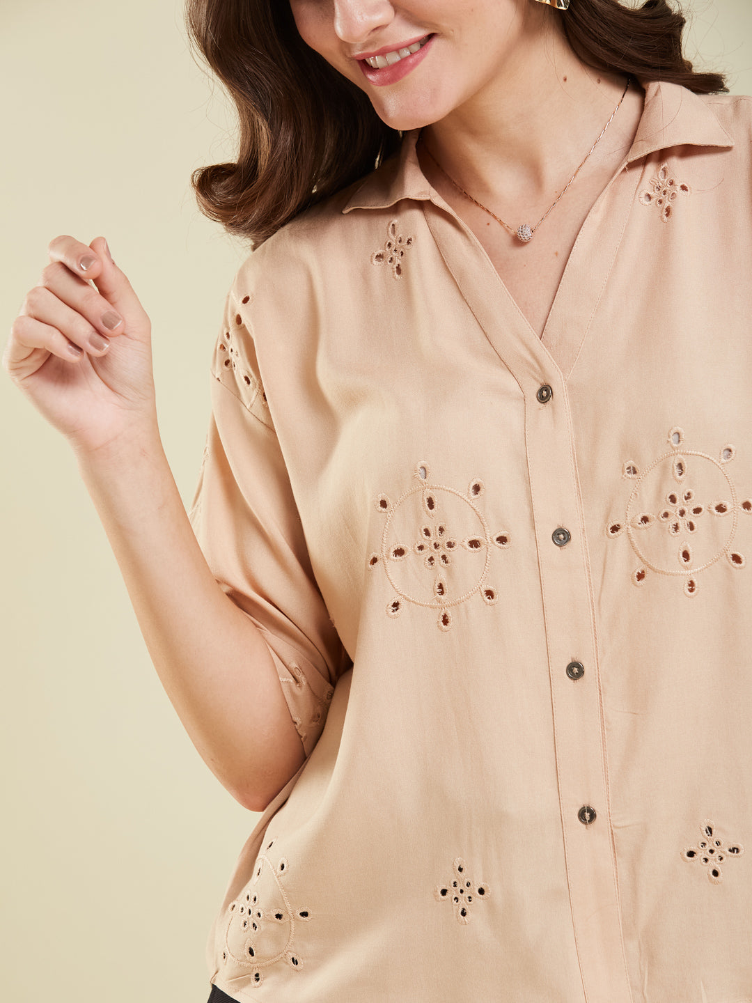 Beige Casual Printed Shirt in Cotton Blend Fabric for Women