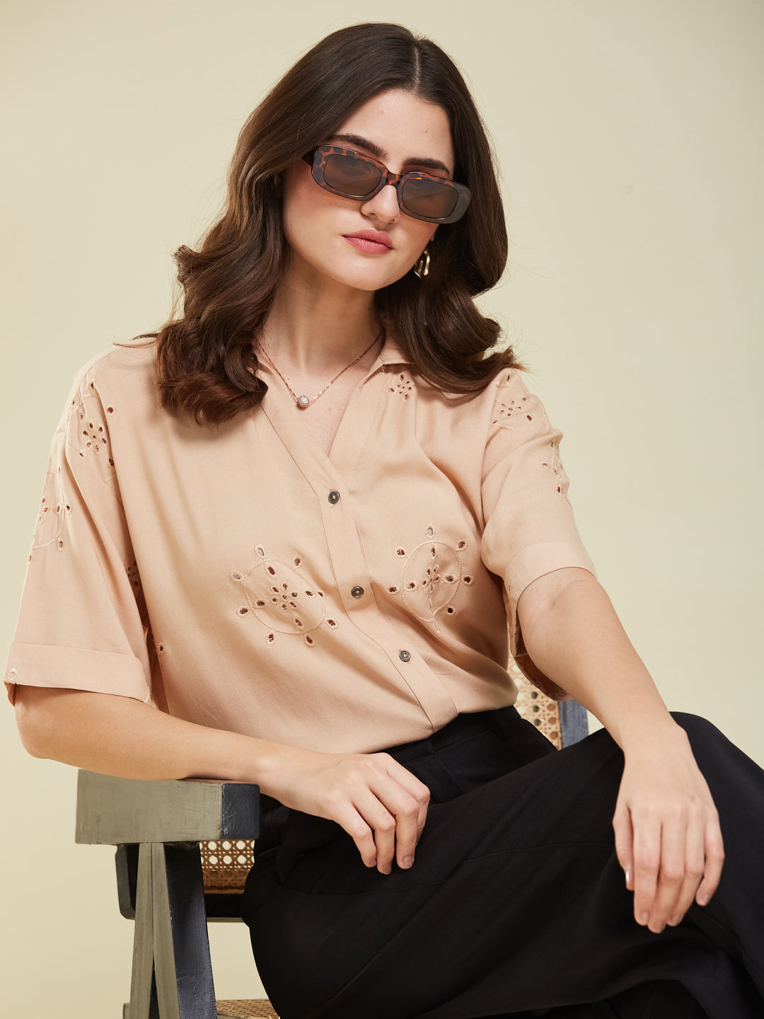 Beige Casual Printed Shirt in Cotton Blend Fabric for Women