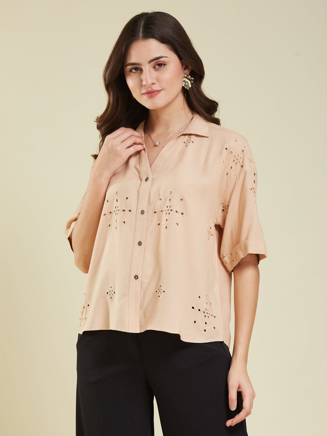 Beige Casual Printed Shirt in Cotton Blend Fabric for Women